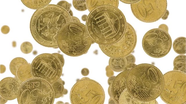 50 Euro cent coins falling down on white background (vertical, seamless loopable)