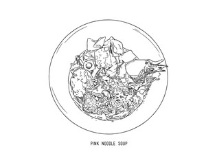 Yen Ta Four, pink noodle soup. hand draw sketch vector.