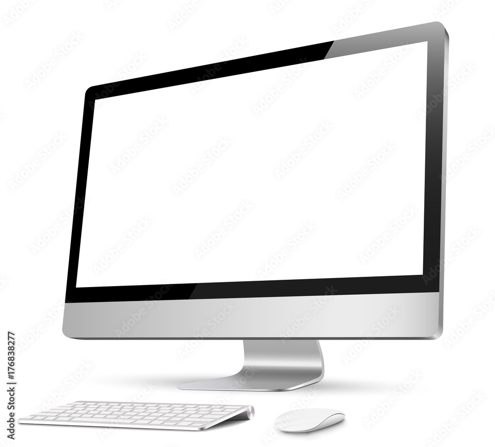 Poster computer, realistic, 3d with keyboard and mouse on an isolated background. desktop - stock vector.