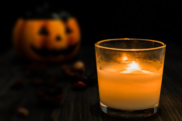 Halloween pumpkin on wooden table