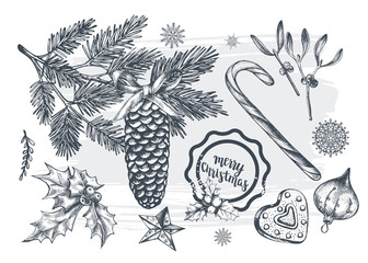 Hand drawn set of Christmas decorations. Template for greeting cards, invitations, posters, flyers. Vector isolated elements collection for your design.
