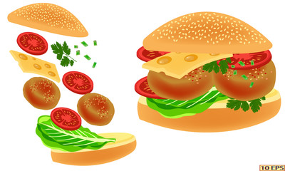 Fried cutlet and bread. Sandwich with cheese. Roasted steak on the bread on white background. Meat rissoles, tomato, onion, lettuce. Vector illustration for a recipe, restaurant menu, kitchen interior
