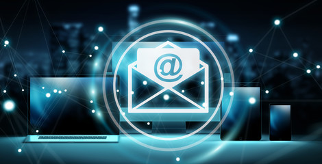 Email icon interface over modern tech devices 3D rendering