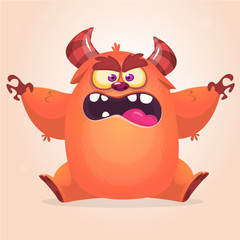 Cute cartoon monster. Vector fat monster mascot character. Halloween design for party decoration, print or children book