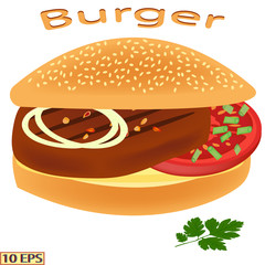 Fried steak with bread onion, tomatoes. Sandwich and meat rissole. Sandwich with cheese and pursley. Burger. Meat cutlet. Vector illustration for recipe, menu restaurant.