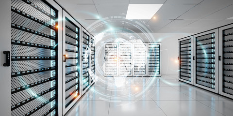 Graph holograms flying over server room data center 3D rendering