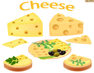Big piece of cheese. Cheese, sliced for sandwiches on the plate. Sandwich with cheese. Vector illustration for a recipe, menu, restaurant, kitchen interior design.