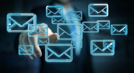 Businessman holding and touching floating emails 3D rendering