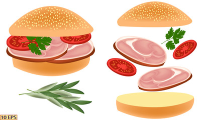 Cheeseburger isolated. Sandwich. Hamburger with cheese, tomatoes and ham. Fast food. Vector illustration for a recipe, restaurant menu, kitchen interior