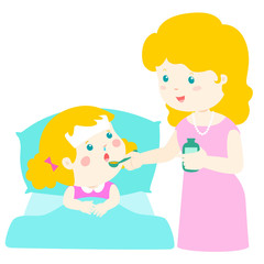 Mother giving daughter medicine vector illustration.