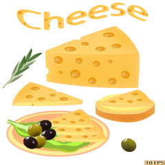 Big piece of cheese. Cheese, sliced for sandwiches on the plate. Sandwich with cheese. Vector illustration for a recipe, menu, restaurant, kitchen interior design.