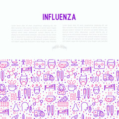 Fototapeta na wymiar Influenza concept with thin line icons of symptoms and treatments: runny nose, headache, pain in throat, temperature, pills, medicine. Vector illustration for banner, web page, print media.