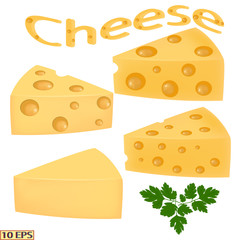 Big piece of cheese. Cheese, sliced for sandwiches on the plate. Sandwich with cheese. Vector illustration for a recipe, menu, restaurant, kitchen interior design.