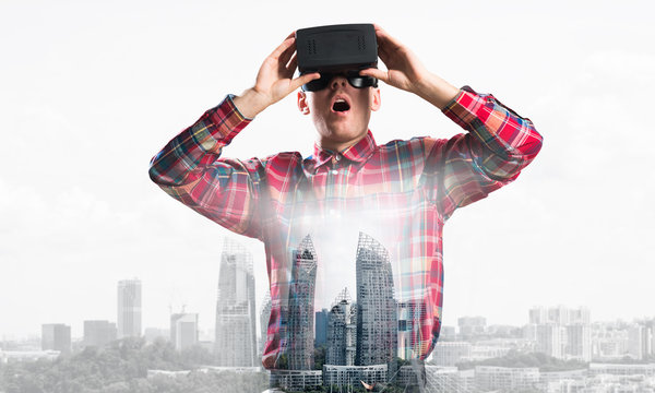 Guy wearing checked shirt and virtual mask demonstrating some emotions