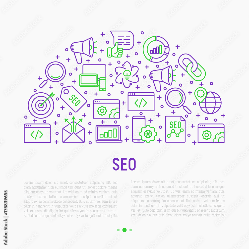 Poster seo and development concept in half circle with thin line icons. vector illustration for banner, web