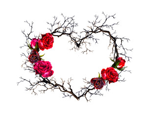 Fototapeta na wymiar Floral wreath - heart shape. Twigs, rose flowers. Watercolor, gothic style