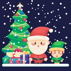 Decorated christmas tree and gifts. Cute Santa and little funny elf Vector colorful illustration in flat style
