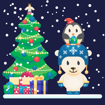 Decorated christmas tree and gifts. Cute polar bear and little funny penguin Vector colorful illustration in flat style