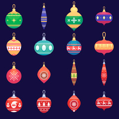 Christmas tree toys new year xmas balls set Vector colorful illustration in flat style