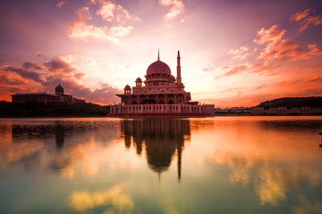 scenery of sunset at Public mosque,Putrajaya,Malaysia. Soft focus,motion blur due to long exposure. visible noise due to high iso