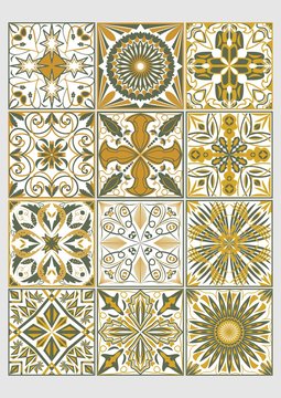 Set of decorative tiles in azulejo style. Traditional Portuguese or Spanish ceramics. Geometric patterns combined with olive green and ocher colors.