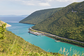 Aerial panoramic view to the small seaport in Croatia