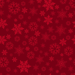 Naklejka na ściany i meble Seamless pattern with scattering of snowflakes on red background. Christmas decoration for cards, banners, booklets, brochures, leaflets. Vector illustration