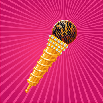 Golden microphone decorated with crystals. Music sign.