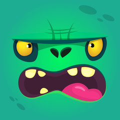 Cartoon angry zombie face. Vector zombie monster square avatar