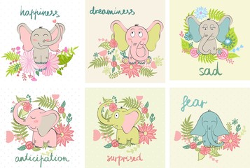 Set of cartoon elephants with various emotions.