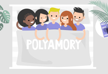 Polyamory conceptual illustration. A group of young people lying in a huge bed / flat editable vector illustration, clip art