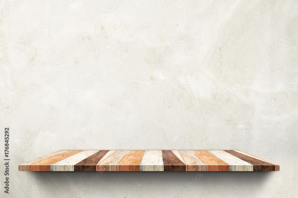 Poster empty wood board shelf at concrete wall background,mock up for display or montage of product or desi