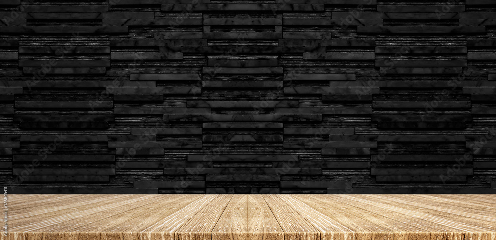 Poster wood plank table top at black stack layer marble wall background,mock up for display or montage of p
