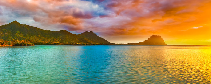 Amazing landscape. Le Morne Brabant at sunset. Mauritius. Panorama