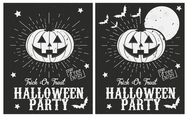 Halloween vintage posters set. Halloween party posters - Halloween pumpkin with retro sunburst. Grunge texture can be easily disabled