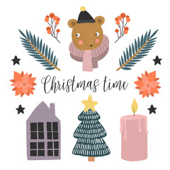 Vector illustrations for kids. Scandinavian style clip-art. Hand drawn animals, and other christmas elements. Bear portrait. Cute design.