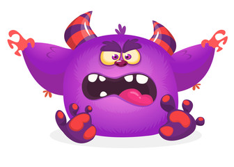 Cute blue monster cartoon with funny expression. Halloween vector illustration of fat furry troll or gremlin monster isolated
