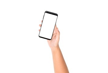 Hand holding cell phone on top view with blank on white screen and white background , Clipping path hand holding