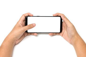 Hand holding cell phone and finger touch on blank white screen