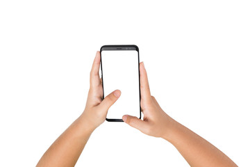 Two hand holding smart phone blank on white screen and white background