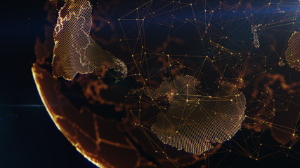 Earth global conncectivity. Abstract background with gold flakes and bokeh. Broadcast background. 3d illustration.
