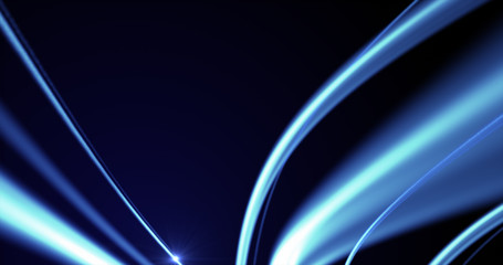 Wavy abstract dark blue perspective background. Glowing blue beams and light waves.