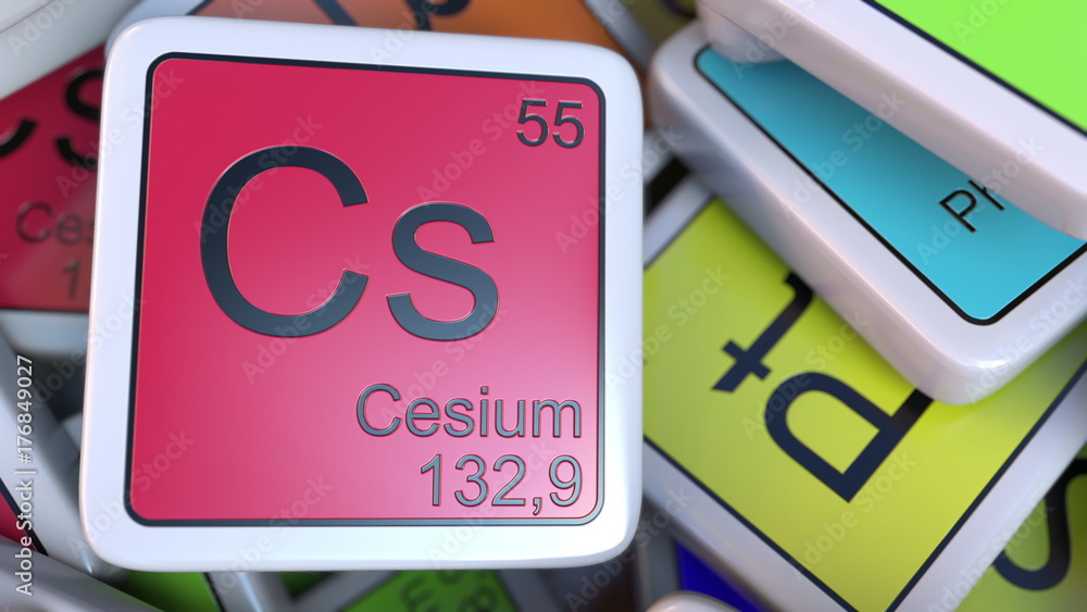 Poster cesium cs block on the pile of periodic table of the chemical elements blocks. 3d rendering
