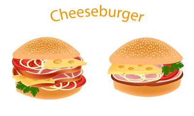 Cheeseburger. Bun with smoked ham and cheese. Hamburger. Sandwich with tomato and smoked meat. Sandwich with butter, herbs, tomato and smoked pork. Vector illustration.