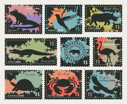 Vector set of postage stamps on the theme of wildlife animals and birds. Black silhouettes of animals on the colored blobs background.