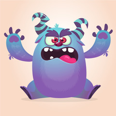 Cute colorful happy cartoon monster. Vector fat monster mascot character. Halloween design for party decoration, print or children book