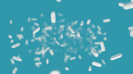 Falling white pills on cyan background