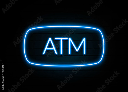 “Atm - colorful Neon Sign on brickwall” Stock photo and royalty-free