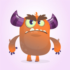 Cute cartoon monster. Vector  furry orange monster character with tiny horns. Halloween design