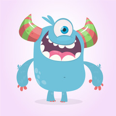 Cute cartoon monster  with horns with one eye. Smiling monster emotion with big mouth. Halloween vector illustrationv